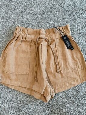 Blank NYC Light Tan High-Waist Linen Drawstring Shorts